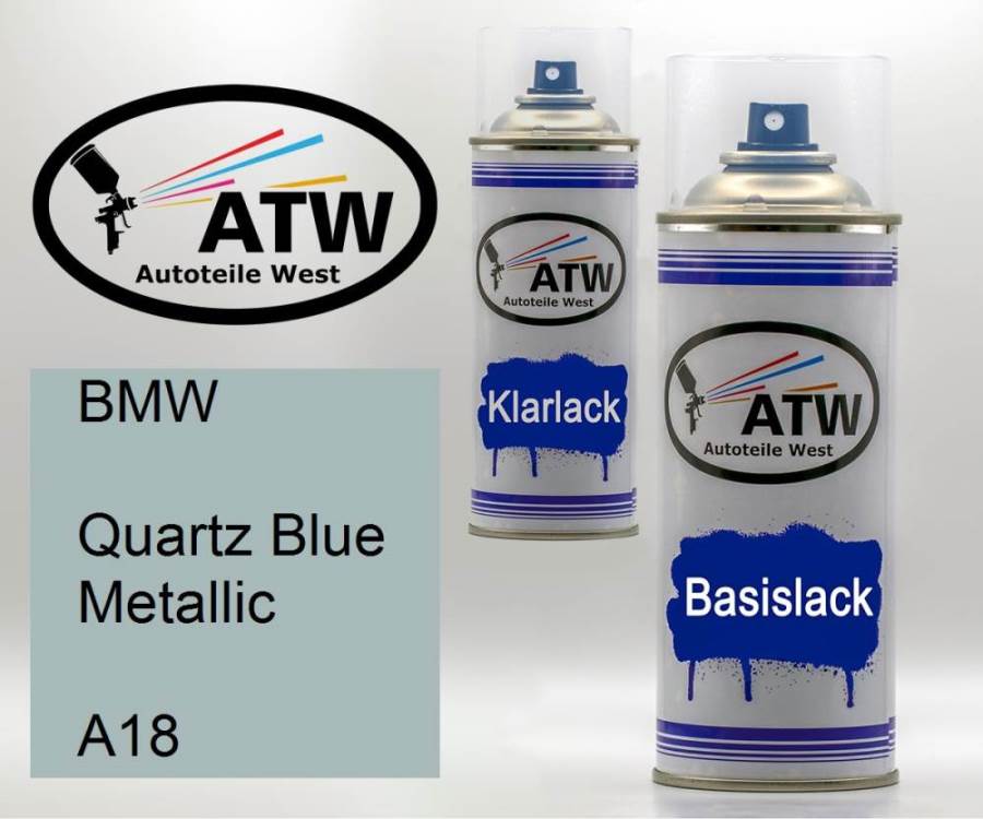 BMW, Quartz Blue Metallic, A18: 400ml Sprühdose + 400ml Klarlack - Set, von ATW Autoteile West.